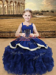 Luxurious Blue Sleeveless Beading and Ruffles Floor Length Kids Pageant Dress