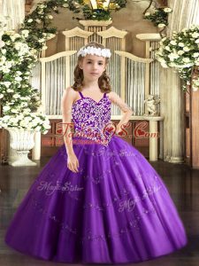 Ball Gowns Little Girl Pageant Dress Purple Straps Tulle Sleeveless Floor Length Lace Up