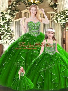 Sexy Green Sleeveless Floor Length Beading and Ruffles Lace Up 15th Birthday Dress