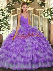 Custom Designed Lavender Organza Backless Sweet 16 Dresses Sleeveless Floor Length Ruffled Layers