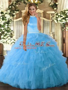Enchanting Floor Length Baby Blue Sweet 16 Dress Organza Sleeveless Beading and Ruffles