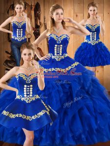 Blue Satin and Organza Lace Up Sweetheart Sleeveless Floor Length 15 Quinceanera Dress Embroidery and Ruffles