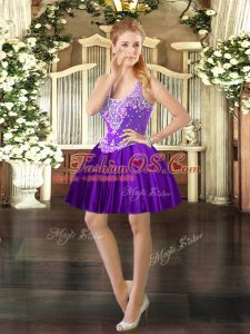 Elegant Purple Ball Gowns Satin Straps Sleeveless Beading Mini Length Lace Up Prom Party Dress