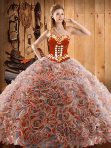Free and Easy Multi-color Ball Gowns Satin and Fabric With Rolling Flowers Sweetheart Sleeveless Embroidery With Train Lace Up Quinceanera Gowns Sweep Train