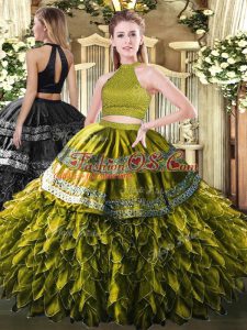Smart Olive Green Halter Top Neckline Beading and Embroidery and Ruffles 15 Quinceanera Dress Sleeveless Backless