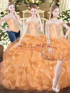 Enchanting Orange Red Three Pieces Organza Off The Shoulder Sleeveless Ruffles Floor Length Lace Up Sweet 16 Dresses
