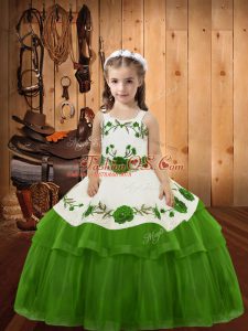 Excellent Sleeveless Floor Length Embroidery and Ruffled Layers Lace Up Pageant Dress with Olive Green