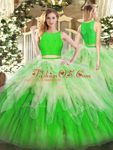 Clearance Scoop Sleeveless Quinceanera Dress Floor Length Lace and Ruffles Green Organza