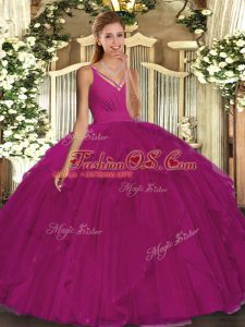 Fuchsia Ball Gowns Organza V-neck Sleeveless Ruffles Floor Length Backless Sweet 16 Dress