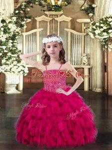 Customized Ball Gowns Girls Pageant Dresses Fuchsia Spaghetti Straps Organza Sleeveless Floor Length Lace Up