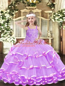 Beading and Ruffled Layers Kids Pageant Dress Lilac Lace Up Sleeveless Floor Length