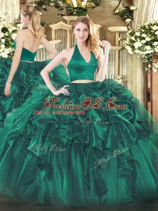 Amazing Dark Green Two Pieces Organza Halter Top Sleeveless Ruffles Floor Length Zipper Quinceanera Gown