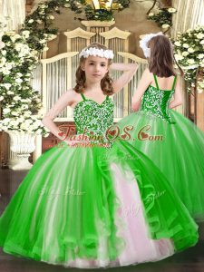 Green Tulle Lace Up Girls Pageant Dresses Sleeveless Floor Length Beading