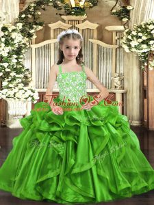 Green Ball Gowns Straps Sleeveless Organza Floor Length Lace Up Beading and Ruffles Little Girls Pageant Gowns