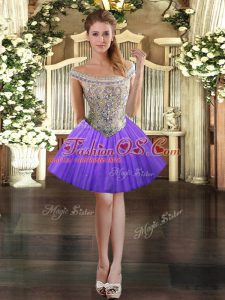 Glorious Lavender Lace Up Prom Party Dress Beading Sleeveless Mini Length