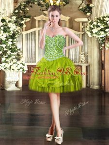 Modest Sleeveless Tulle Mini Length Lace Up Homecoming Dress in Olive Green with Beading and Ruffles