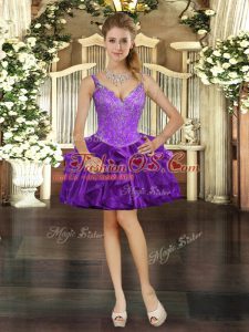 Mini Length Purple Prom Gown Organza Sleeveless Beading and Ruffles