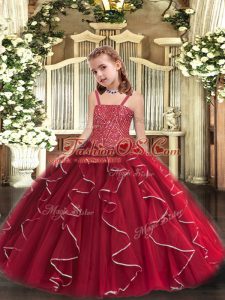 Hot Selling Red Straps Lace Up Beading and Ruffles Winning Pageant Gowns Sleeveless