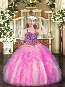 Floor Length Lace Up Girls Pageant Dresses Rose Pink for Party and Quinceanera with Beading and Ruffles