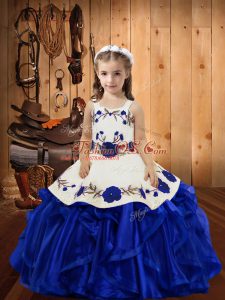 Floor Length Lace Up Little Girl Pageant Gowns Royal Blue for Sweet 16 and Quinceanera with Embroidery and Ruffles