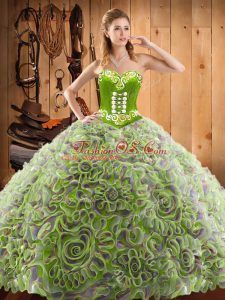 Multi-color Satin and Fabric With Rolling Flowers Lace Up Quinceanera Gowns Sleeveless With Train Sweep Train Embroidery