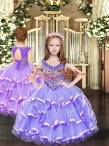 Sleeveless Floor Length Beading and Ruffled Layers Lace Up Little Girl Pageant Dress with Lavender