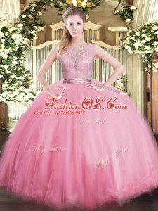 Free and Easy Baby Pink Sleeveless Tulle Backless Quinceanera Dresses for Military Ball and Sweet 16 and Quinceanera