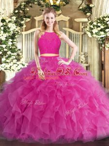 Unique Scoop Sleeveless Zipper Sweet 16 Dress Hot Pink Tulle