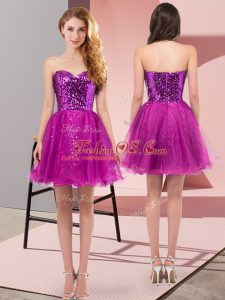 Beauteous Sleeveless Tulle Mini Length Zipper in Fuchsia with Sequins