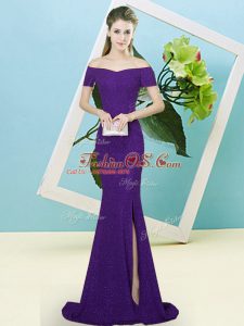 Purple Mermaid Off The Shoulder Short Sleeves Sequined Sweep Train Zipper Sequins Prom Dress