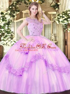 Lilac Bateau Neckline Beading and Appliques Quinceanera Dress Sleeveless Zipper