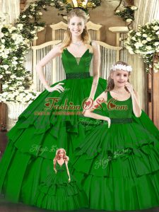 Unique Green Organza Zipper Quinceanera Dress Sleeveless Floor Length Beading and Ruffled Layers