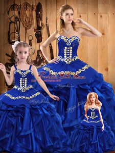 Sleeveless Organza Floor Length Lace Up Quinceanera Gown in Royal Blue with Embroidery and Ruffles