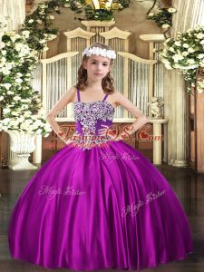 Popular Floor Length Fuchsia Little Girls Pageant Dress Wholesale Satin Sleeveless Appliques