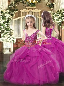 Hot Sale Ball Gowns Pageant Dress for Girls Fuchsia V-neck Tulle Sleeveless Floor Length Lace Up