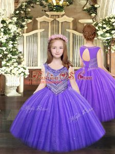 Lavender Sleeveless Floor Length Beading Lace Up Pageant Gowns For Girls