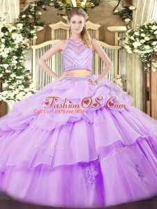 Pretty Lavender Sleeveless Floor Length Beading and Ruffles Zipper Quinceanera Gowns