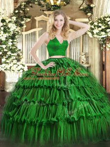 Edgy Green 15 Quinceanera Dress Military Ball and Sweet 16 and Quinceanera with Ruffled Layers Halter Top Sleeveless Zipper