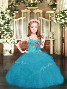 Organza Spaghetti Straps Sleeveless Lace Up Beading and Ruffles and Pick Ups Little Girls Pageant Gowns in Aqua Blue