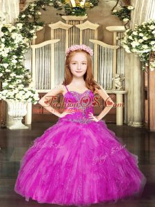 Tulle Spaghetti Straps Sleeveless Lace Up Beading and Ruffles Kids Pageant Dress in Fuchsia