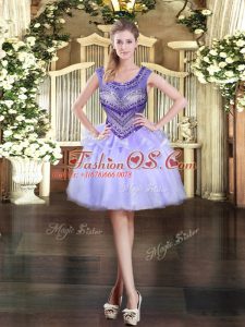 Lavender Ball Gowns Organza Scoop Sleeveless Beading Mini Length Zipper Prom Dresses