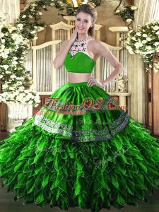 Sexy Green Ball Gown Prom Dress Military Ball and Sweet 16 and Quinceanera with Beading and Ruffles High-neck Sleeveless Backless