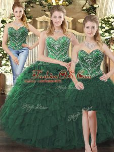 Graceful Beading and Ruffles Quinceanera Dresses Dark Green Lace Up Sleeveless Floor Length