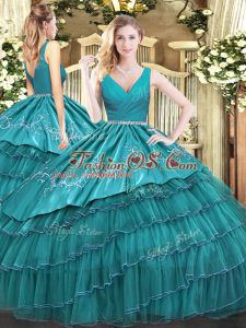 Luxury Satin and Organza V-neck Sleeveless Zipper Embroidery and Ruffled Layers Ball Gown Prom Dress in Teal