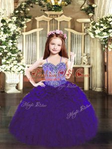 Beauteous Purple Organza Lace Up Little Girl Pageant Dress Sleeveless Floor Length Beading and Ruffles