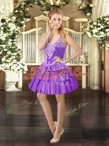 High Class Lavender Ball Gowns Organza Straps Sleeveless Beading and Ruffled Layers Mini Length Lace Up Homecoming Dress