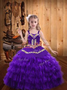 Straps Sleeveless Organza Little Girl Pageant Gowns Beading and Embroidery and Ruffled Layers Lace Up