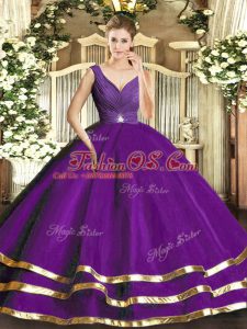 Dazzling Floor Length Backless Quinceanera Dress Purple for Sweet 16 and Quinceanera with Ruffled Layers