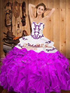 Hot Sale Purple Sleeveless Floor Length Embroidery and Ruffles Lace Up Quince Ball Gowns