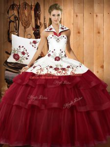 Glorious Wine Red Satin and Organza Lace Up Halter Top Sleeveless With Train Quinceanera Gowns Sweep Train Embroidery and Ruffled Layers